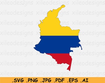 Carte de la Colombie Drapeau SVG - Carte de la Colombie, Drapeau colombien, Carte de la Colombie SVG, Téléchargement numérique instantané de l’icône Clipart du pays, eps ai png jpg pdf