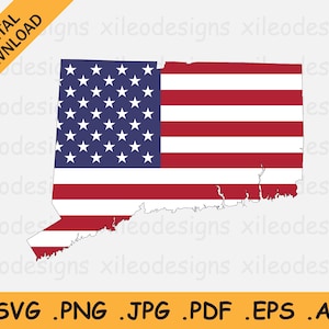 Peut inclure: Un téléchargement numérique d'un design graphique vectoriel représentant le contour de l'état du Connecticut rempli du drapeau américain.