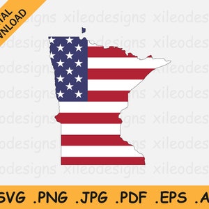 May include: An outline of the state of Minnesota with the American flag design inside. The flag is red, white, and blue with stars on the blue portion.