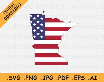 Minnesota Map US Flag svg - MN USA on American Flag, America State Banner Shape Border Outline, Cricut Cut File Vector, eps ai png jpg pdf