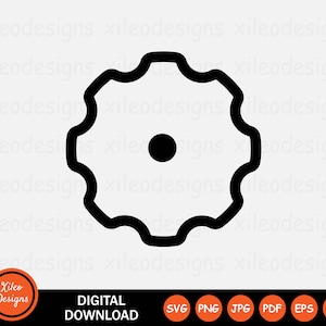 May include: Black and white outline of a gear with a circle in the center.