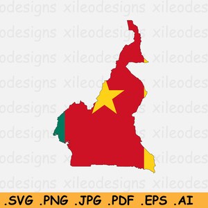 May include: A red, yellow, and green map of Cameroon with a yellow star in the center. The map is outlined in black.