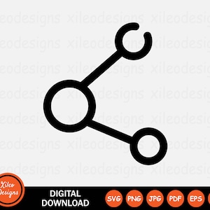 May include: Black and white icon of a share symbol. The symbol is made up of three circles connected by lines. The circles are all the same size and are arranged in a triangular shape.
