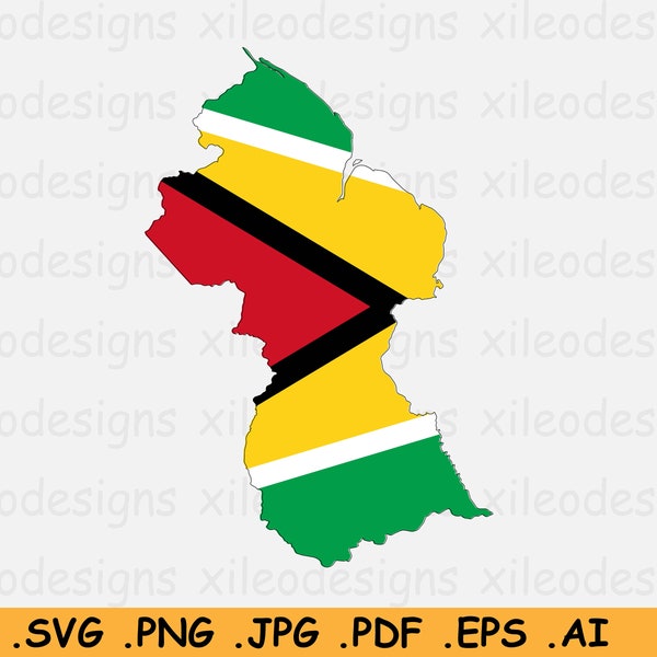 Guyana Flag Map SVG, Guyanese SVG Cricut Cut File, Country Nation Silhouette Outline Atlas, Scrapbook Clipart Vector Icon eps ai png jpg pdf