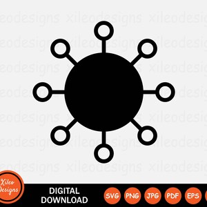 May include: Black and white illustration of a circle with six smaller circles connected to it, representing a network or connection.