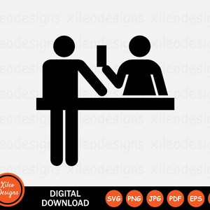 May include: Black and white silhouette illustration of a person paying at a counter with a cashier. The person is handing a credit card to the cashier.