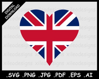 Reino Unido Heart Flag SVG, UK British Love Shape Country National Union Jack Flag, Digital Cricut Cut Vector, png eps jpg jpeg pdf ai