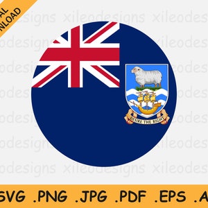 Könnte beinhalten: Eine kreisförmige Flagge des britischen Überseegebiets Falklandinseln. Die Flagge ist blau mit einem weißen Union Jack in der oberen linken Ecke. Die rechte Seite der Flagge zeigt das Wappen der Falklandinseln, das ein weißes Schaf, ein Schiff und die Worte "Desire the Right" enthält.