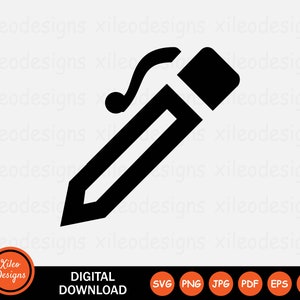 May include: Black and white icon of a pencil with a curved top. The pencil is angled diagonally from the top left to the bottom right of the image.