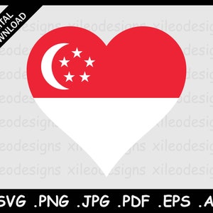 May include: A digital download graphic featuring the Singapore flag in a heart shape. The top half is red with a white crescent moon and five stars, the bottom half is white. Text includes "DIGITAL DOWNLOAD" and file type options: .SVG .PNG .JPG .PDF .EPS .AI.