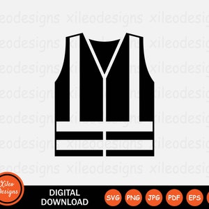 May include: A black and white graphic of a safety vest. The vest has a V-neck design with white vertical and horizontal stripes. The image includes the text "DIGITAL DOWNLOAD" and file type icons. The logo "Xileo Designs" is in the lower left corner.