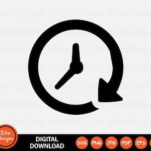 May include: Black and white icon of a clock with an arrow circling it, representing the concept of time passing.