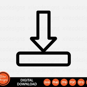 May include: Black and white icon of a downward arrow pointing to a rectangle. The icon represents a download button.