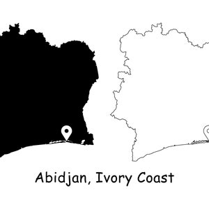 Abidjan ElfenbeinKüste Karte Hauptstadt Landort Pin Schwarz Weiß Silhouette Umriss Geografie Region Bereich Platzkarten jpg svg png ai eps
