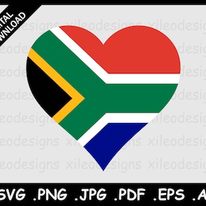 May include: A heart-shaped graphic of the South African flag. The design incorporates red, green, blue, yellow, and black. The words "DIGITAL DOWNLOAD" are in the upper left. File formats .SVG, .PNG, .JPG, .PDF, .EPS, and .AI are listed at the bottom.