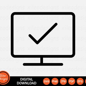 May include: Black and white icon of a computer monitor with a checkmark inside. The icon represents a digital download.