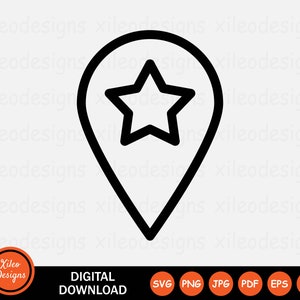 Ubicación Pin Estrella Línea Icono SVG Lugar favorito GPS Mapa png jpg eps ai pdf Descarga digital Vector Signo Símbolo Cricut Gráfico Clipart Vector