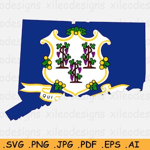 Connecticut Flag Map SVG - United States of America, CT USA State Border Boundary Shape, U.S American Cut File Clipart, svg ai png jpg pdf
