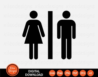 May include: Black and white silhouette icons of a woman and a man, with a vertical line separating them. The icons are commonly used to indicate restrooms.