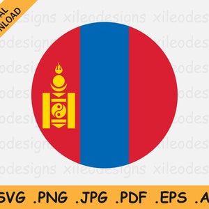May include: A circular graphic of the flag of Mongolia. The flag is blue, red, and yellow. The red portion of the flag is on the right side of the circle. The blue portion is on the left side of the circle. The yellow portion is in the center of the circle and features a stylized symbol.