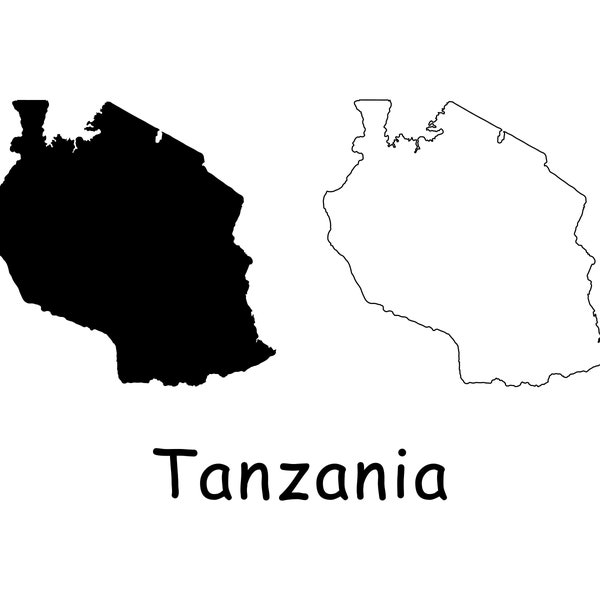 Map of Tanzania, Tanzanian Map, Black White Detailed Solid Outline Boundary Country Map of Tanzania, Instant Digital Download svg png eps ai