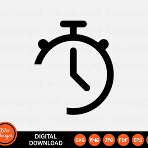 Op de afbeelding: Zwart-wit pictogram van een stopwatch met een groot rond gezicht en een enkele wijzer die naar de 12 uur positie wijst. De stopwatch heeft een klein handvat bovenop.