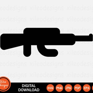 Peut inclure: Silhouette noire d'un fusil avec un long canon et une crosse. Le fusil est pointé vers la droite.