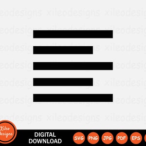 May include: Black and white icon of a menu button with five horizontal lines. The icon is a digital download and available in SVG, PNG, JPG, PDF, EPS, and AI formats.
