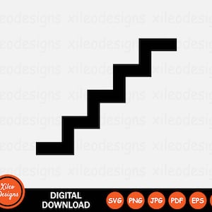 May include: Black silhouette of a staircase with five steps. The steps are angled upwards to the right. The image is a digital download and is available in SVG, PNG, JPG, PDF, EPS, and AI formats.