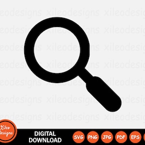 May include: Black and white magnifying glass icon. The magnifying glass is a simple, flat design with a thick border.