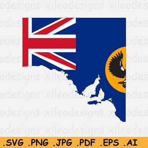 Puede incluir: Una bandera azul y roja con una Union Jack blanca en la esquina superior izquierda. La bandera tiene la forma del contorno del estado de Australia del Sur. Un círculo amarillo con un águila negra se encuentra en la esquina inferior derecha.