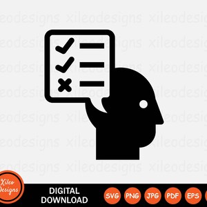 May include: Black and white icon of a person's head with a speech bubble above it. The speech bubble contains a checklist with three items. Two items are checked with a checkmark and one item is marked with an 'X'.