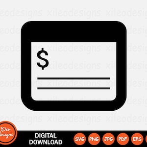 Puede incluir: Icono en blanco y negro de un cheque o talonario de cheques con un signo de dólar en la esquina superior izquierda. El cheque tiene dos líneas para una firma.