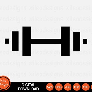 May include: Black and white silhouette of a dumbbell weight. Digital download available in SVG, PNG, JPG, PDF, EPS, and AI formats.