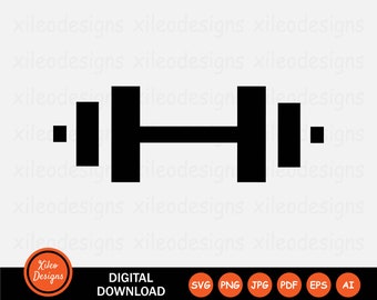 May include: Black and white silhouette of a dumbbell weight. Digital download available in SVG, PNG, JPG, PDF, EPS, and AI formats.