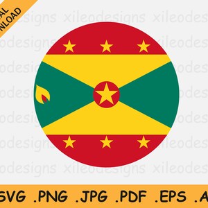 May include: A circular graphic of the flag of Grenada. The flag is red, yellow, and green with a yellow five-pointed star in the center and five smaller yellow stars in the top and bottom red stripes.