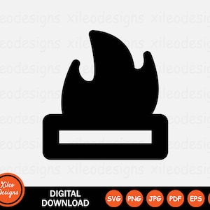 May include: Black and white silhouette of a campfire with flames rising above a log. The campfire is a simple design, perfect for use in a variety of projects.