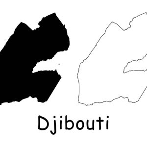 Mapa de Yibuti, Mapa de Yibuti, Mapa de Yibuti con contorno sólido detallado en blanco y negro, Descarga digital instantánea svg png eps ai