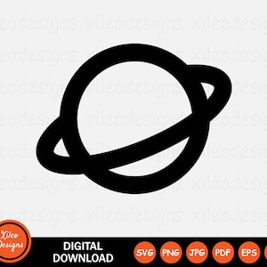 May include: Black and white silhouette of a planet with a ring around it. The planet is a circle with a ring around it. The ring is a thin line.