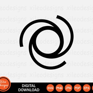 May include: Black and white graphic design of three overlapping circles forming a spiral shape.