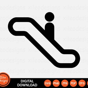 May include: Black and white silhouette of a person standing on an escalator. The escalator is a simple line drawing with a curved shape.