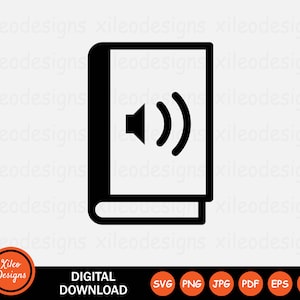 May include: Black and white icon of a book with a speaker symbol inside. The icon represents an audiobook.