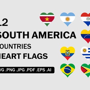 May include: 12 South American country flags in heart shapes. The flags are arranged in three rows of four. The flags are in the following order: Suriname, Argentina, Paraguay, Venezuela, Ecuador, Uruguay, Brazil, Guyana.