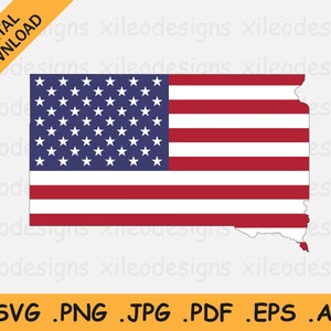 May include: A digital download of a United States flag in the shape of the state of South Dakota. The flag is red, white, and blue with 50 white stars on a blue field.