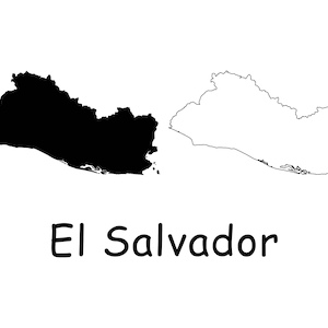 May include: A black and white outline map of El Salvador. The map shows the country's shape and borders.