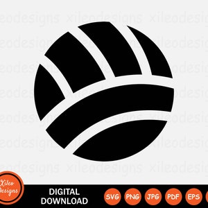 May include: Black and white graphic of a volleyball. The volleyball has a striped pattern.
