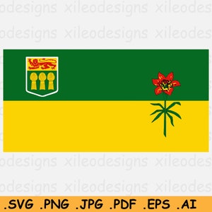 May include: The flag of Saskatchewan, Canada. The flag is green and yellow with a red prairie lily in the centre. The coat of arms of Saskatchewan is in the top left corner.