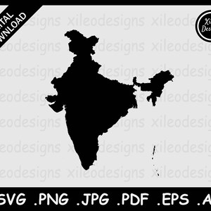 Mapa de la India SVG, Mapa de límites fronterizos nacionales del país indio, Negro Silueta Recorte Cricut Archivo Vector Icono, svg png jpg jpeg pdf ai eps