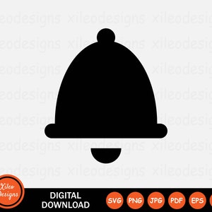 May include: Black and white silhouette of a bell icon. The bell has a rounded top and a small knob on top. The bell is outlined in black and has a white interior.