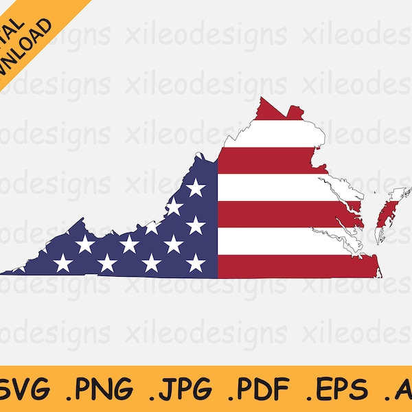 Virginia Map US Flag svg, VA USA on American Flag, America State Banner Shape Border Outline, Cricut Cut File Vector Icon eps ai png jpg pdf